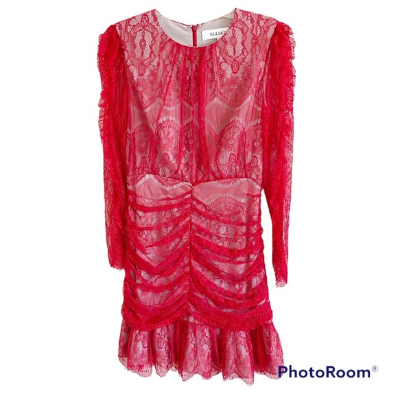 New Elliatt Rose Red Long Sleeve Ruched Lace Mini Dress Sz Small - Picture 3 of 16